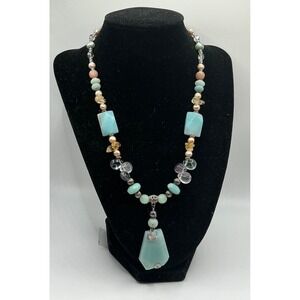 Multicolor Glass Bead Statement Necklace 16" + 2" Extender Pendant Drop